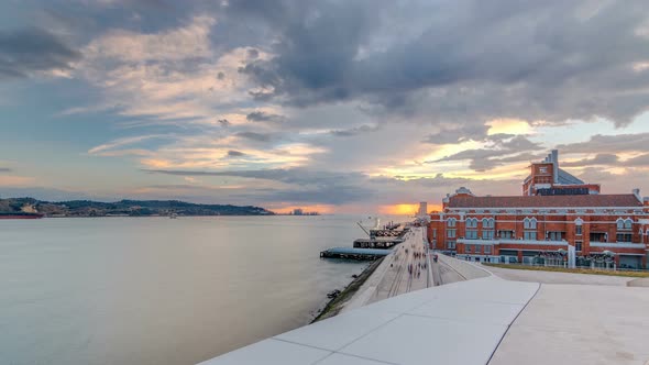 Elevated Sunset View of the Padrao Dos Descobrimentos Monument to the Discoveries Timelapse Famous alt