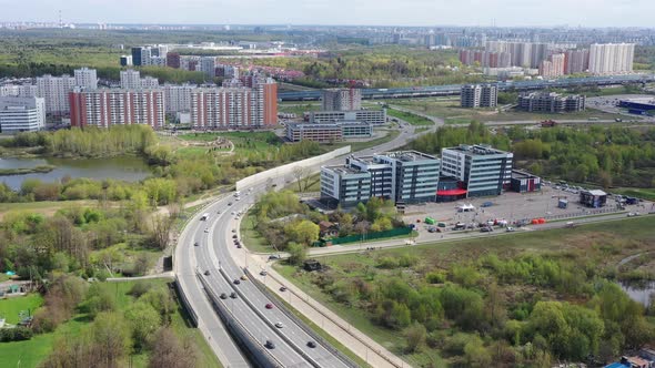 Aerial View of Modern Moscow City and Road with Cars Traffic