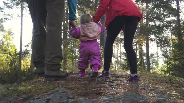 American Young Family with Child Walking in Forest on Autumn Day alt