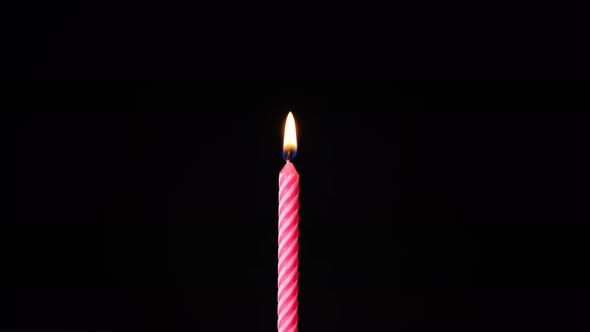 Candle Fire at Celebration Birthday Cake Blowing at Black Background Isolated