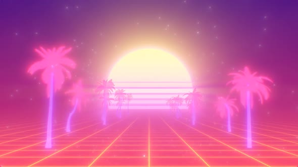 Pink Synthwave Palm Tree Path and Retro 80s Sun on Neon Grid - 1080p ...