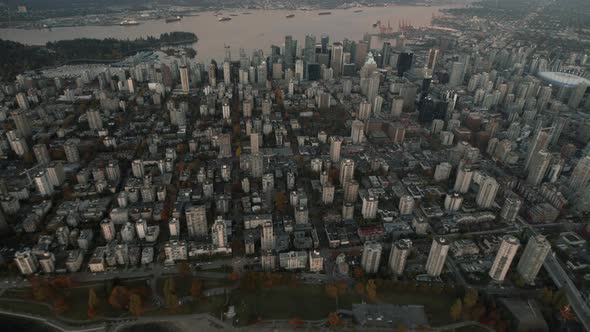 Aerial wide shot of West end and Downtown Vancouver and, Dusk alt
