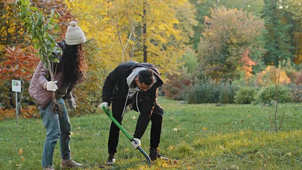 Group People Volunteers Eco Activists Plants Tree in Autumn Park Young Woman and Guy with Shovel alt
