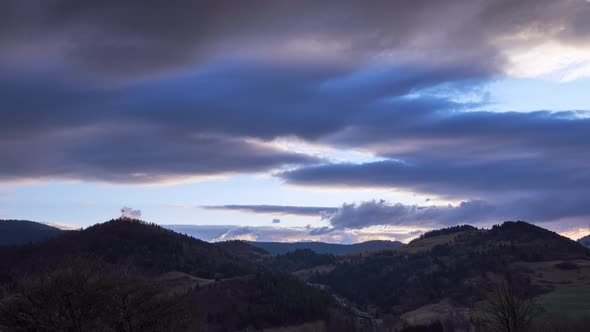 Hilly Mountainous Carpathian Forest Landscape Dense Clouds Heavy Storm Clouds Fast Moving Clouds
