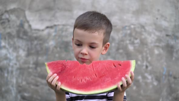 Portrait of Preschooler Eating Fresh Watermelon