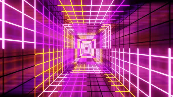 Abstract Animation Background Fly on Neon Ultraviolet and Orange Square Sectors Tunnel with