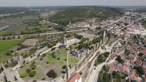 High top down view Beautiful hilltop fortress with Montemor-o-velho village as Background