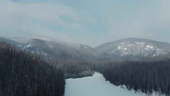 aerial shot of a frozen lake surrounded by a pine forest and mountains on a cloudy winter day alt