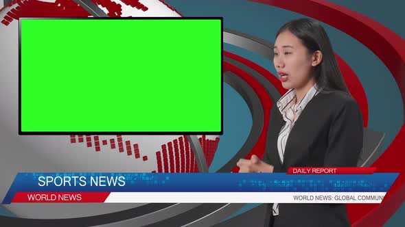Side View Of Live News Studio With Asian Professional Female Anchor And Green Screen Television alt
