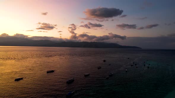 Aerial view of Gili Trawangan Island, Indonesia with morning sunrise sunlight. alt