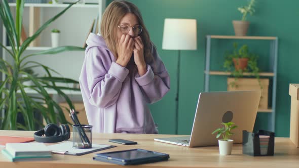 Stressed Woman Sit at the Office Read Unpleasant News Offensive Message alt