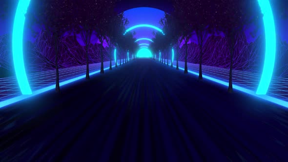 Retro neon loop. Road with trees and sunset