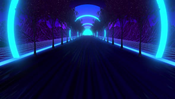 Retro neon loop. Road with trees and sunset alt