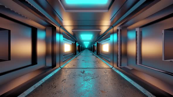 3D animation, spaceship or space station corridor alt