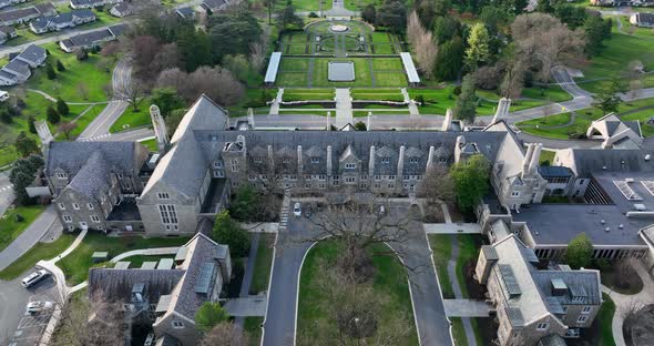Aerial reveal of Masonic Village and retirement community in Elizabethtown Pennsylvania during sprin alt