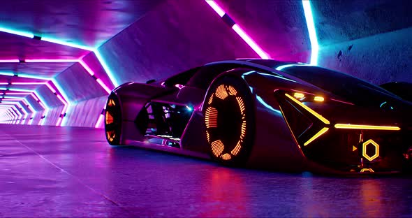 A Modern High Speed Red Racing Car Drives Through a Neon Tunnel