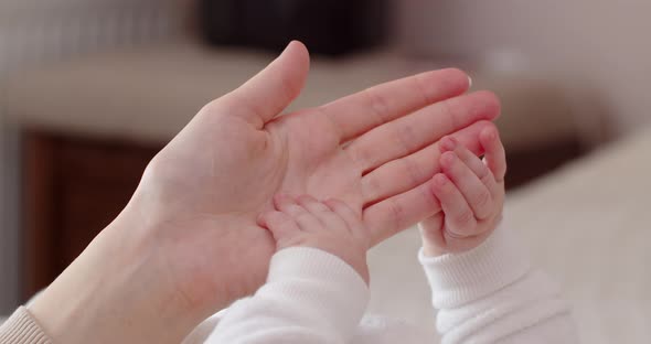 Close Up Of Hands Of Little Newborn Baby Holding Mother's Hand.