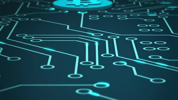 Circuit board with bitcoin sign and data transfer. Digital money, cryptocurrency alt
