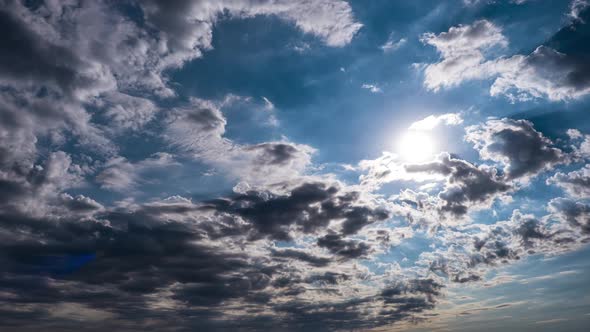 Dramatic Cumulus Cirrus Clouds Move in the Blue Sky. Sunbeams Shine. Time Lapse alt