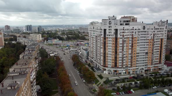 Kharkiv city street with cars traffic aerial loop