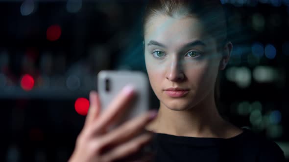 Woman Phone Diagram Holograms Display Process Collecting Financial Data Closeup alt