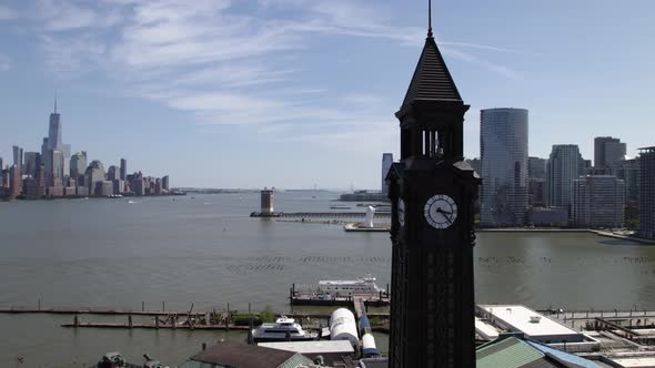 Aerial view around the Lackwana tower at the Hoboken Terminal, revealing the coast of New Jersey, US alt