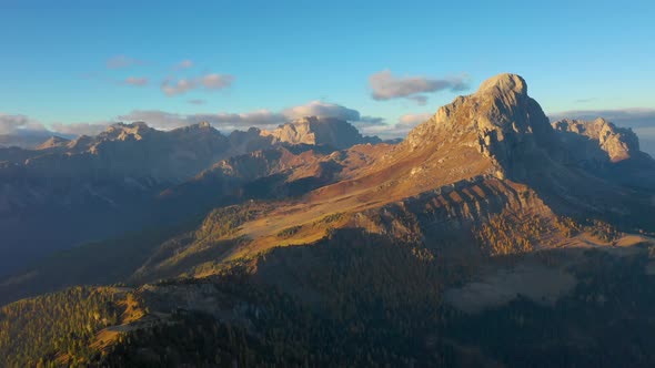Sunrise in the Province of Bolzano, Dolomites. Bird's-eye View of Mountains and Valleys. Autumn in