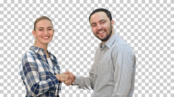 Teen people shaking hands and looking at camera, Alpha Channel