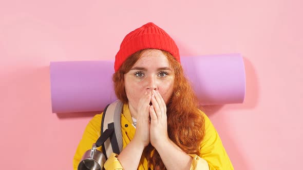 Young Shocked Female Hiker Feels Panic and Stress. alt