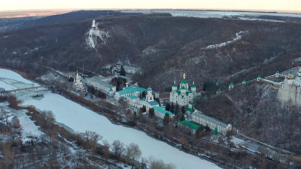 Winter flight over the Holy Dormition Svyatogorsk Lavra. Lots of churches upstairs.