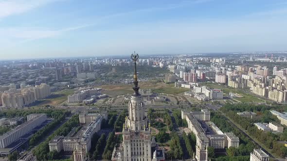 Star on the High Spire of the Main Building of Moscow State University. Aerial View alt