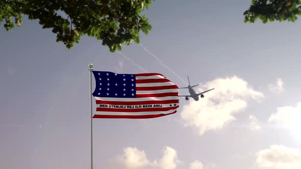 Bikini Atoll Flag With Airplane And City -3D rendering alt