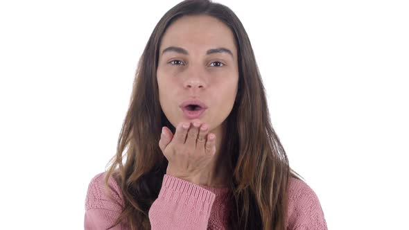 Flying Kiss By Young Latin Woman Love White Background alt