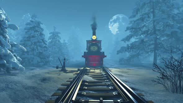 The New Year's train is coming to us against the backdrop of the Christmas forest and the moon.