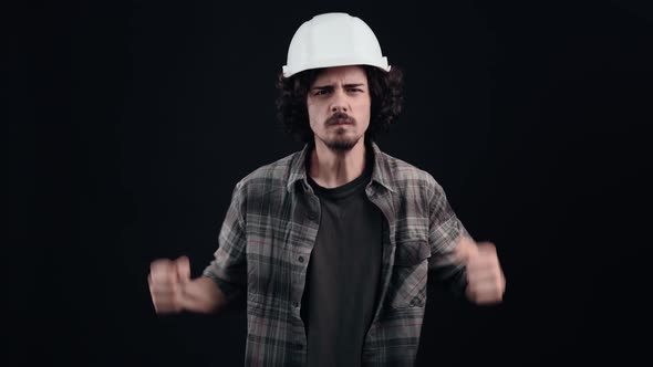 Winning Hipster with Curly Hair Raises His Hand Up Successful Victory is Satisfied alt