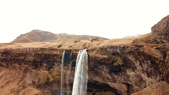 Aero View Seljalandsfoss Waterfall with Birds Iceland