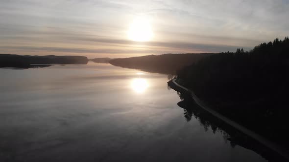 Sunset Freshwater Lake Reflection Cloudy Day Silhouette Forest Aerial alt