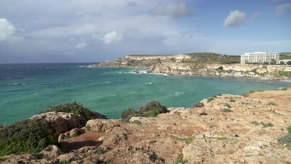 Beautiful Turquoise Colour Mediterranean Sea in Ghajn Tuffieha Bay During Winter in Malta