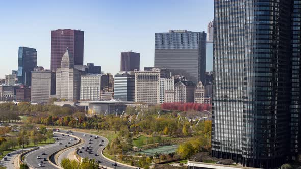 Reveal Shot of Millennium Park and Downtown Chicago alt