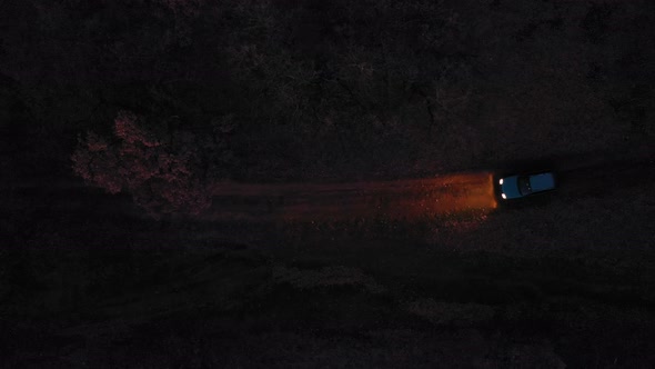 Aerial view of a car on dirt road in the forest alt