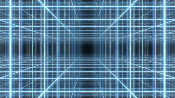 Retro 80s Neon Light Wireframe Grid Cube Array Synthwave 3D Tunnel - 1080p alt