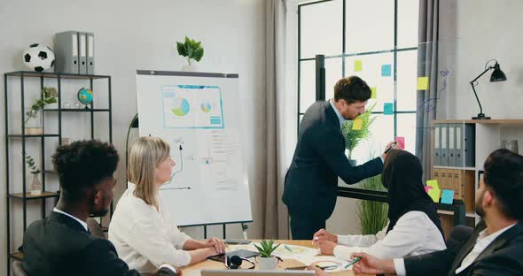 Mixed Race Team Sitting at Workplace and Watching How their Successful Bearded Main Manager Writing alt