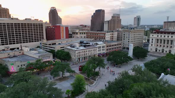 San Antonio skyline at famous Alamo Plaza, historic Spanish mission and fortress compound. Beautiful alt