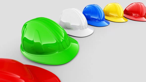 Seamless animation of circular array of colorful safety helmets. Loopable. HD alt