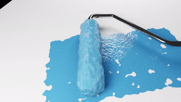 A Paint Roller with a Chrome Handle Rolls Blue Paint Onto a White Wall