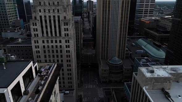 aerial view of minneapolis downtown buildings, camera tilting up alt