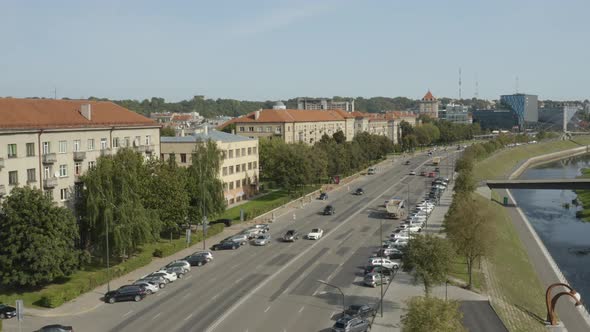 Bad City Roads With City Traffic In Typical Town of East Europe, Kaunas, Lithuania alt