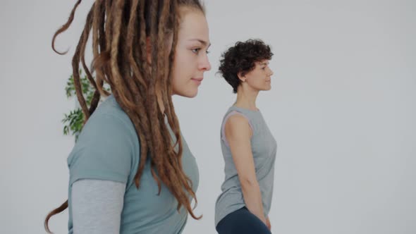 Group of Attractive Young Women Doing Yoga in Sports Center Focused of Practice Indoors alt