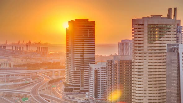 Dubai Marina with Colorful Sunset in Dubai Aerial Timelapse United Arab Emirates alt
