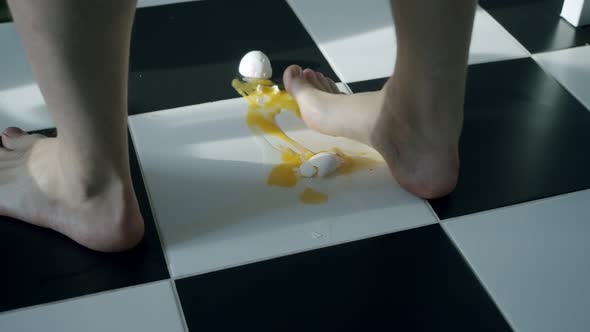 Horrible Morning Barefoot Foot Ensues in Egg Metaphor Domestic Accident at Home Children Hanged alt
